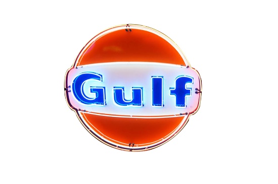 LATE 1950S-EARLY 60S GULF OIL PORCELAIN WITH ANIMATED NEON SERVICE STATION SIGN