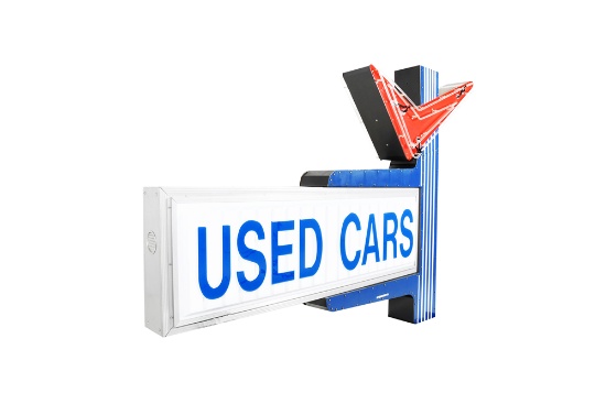 EARLY 1960S USED CARS SALES LOT SIGN WITH ANIMATED NEON