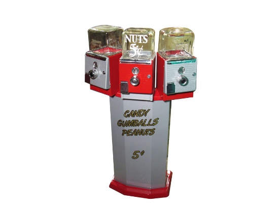 LATE 1950S-EARLY 60S NORTHWESTERN PEANUTS/GUMBALLS/CANDY TRIPLE DISPENSER