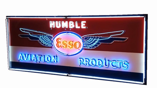 1950S HUMBLE ESSO AVIATION PRODUCTS PORCELAIN AIRPORT HANGAR SIGN WITH ANIMATED NEON