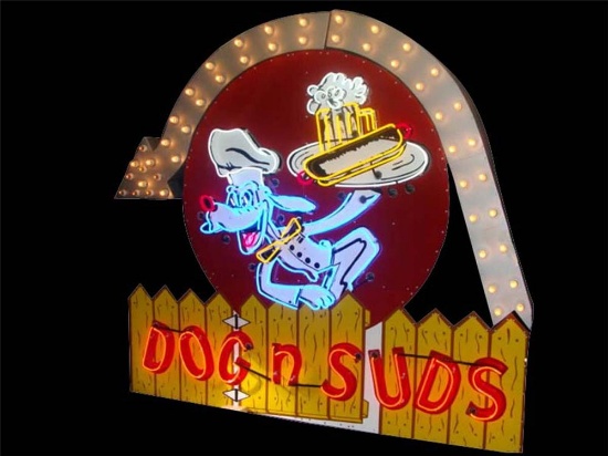 1950S DOGS N SUDS NEON PORCELAIN DRIVE-IN SIGN WITH ANIMATED ARROW