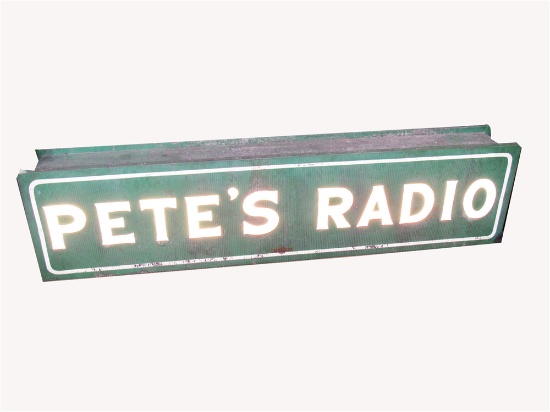 PETES RADIO MILK GLASS WITH CORRUGATED METAL DEALER SIGN