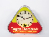 LATE 1940S-EARLY 50S DAYTON THOROBRED TIRES GLASS-FACED LIGHT-UP GARAGE CLOCK.