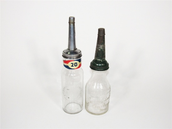 TWO 1920S-30S FILLING STATION EMBOSSED GLASS OIL BOTTLES