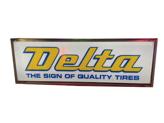 ADDENDUM ITEM - LARGE VINTAGE DELTA TIRES SINGLE-SIDED LIGHT-UP AUTOMOTIVE GARAGE SIGN.