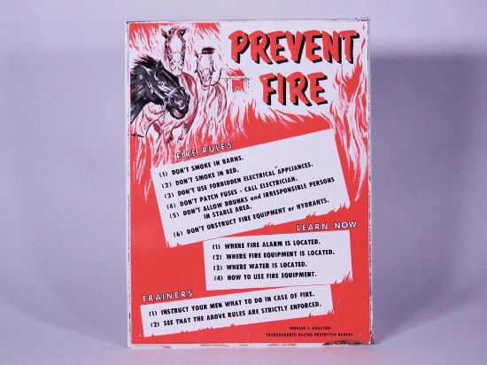 CIRCA 1950S THOROUGHBRED RACING PROTECTIVE BUREAU PREVENT FIRE SIGN