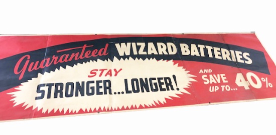 LARGE EARLY 1940S-50S WIZARD BATTERIES BANNER