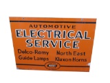 1930S UNITED MOTORS DELCO ELECTRICAL SERVICE DOUBLE-SIDED TIN GARAGE SIGN.