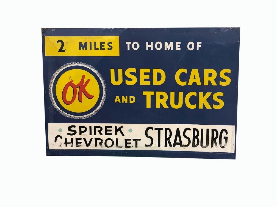 LARGE CIRCA 1950S CHEVROLET OK USED CARS AND TRUCKS TIN PAINTED SIGN
