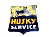 Highly sought-after 1930s-40s Husky Oil Service double-sided porcelain shield-shaped filling station