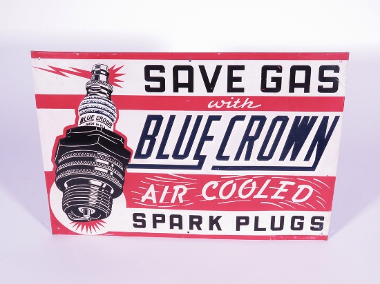 CIRCA 1940S BLUE CROWN SPARK PLUGS EMBOSSED TIN SIGN