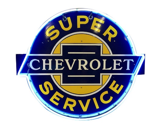 FANTASTIC 1930S-40S CHEVROLET SUPER SERVICE SINGLE-SIDED NEON PORCELAIN DEALERSHIP SIGN.