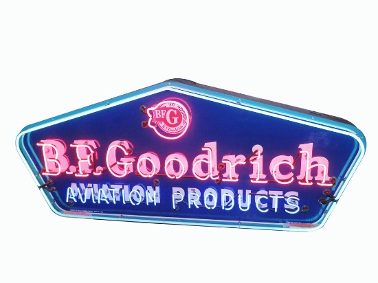 Rare and elusive 1955 BF Goodrich Aviation Products single-sided tin with neon airport hangar sign.