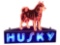 Rare 1950s Husky Oil single-sided die-cut porcelain Husky dog service station marquee sign with neon