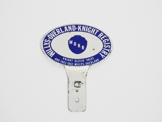 1942 WILLYS-OVERLAND-KNIGHT REGISTRY TIN LICENSE PLATE ATTACHMENT SIGN