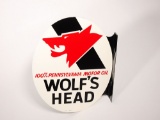 1971 WOLF'S HEAD MOOR OIL TIN FLANGE SIGN