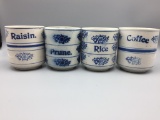 Set of four blue and white stoneware canister jars