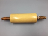 Yellow ware rolling pin with wooden handles