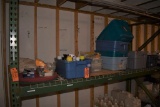 ASSORTED BINS AND CLEANING SUPPLIES ON TOP SHELF
