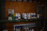 ASSORTED CLEANING SUPPLIES ON TOP SHELF,