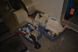 ASSORTED CLEANING SUPPLIES IN BINS AND BOX