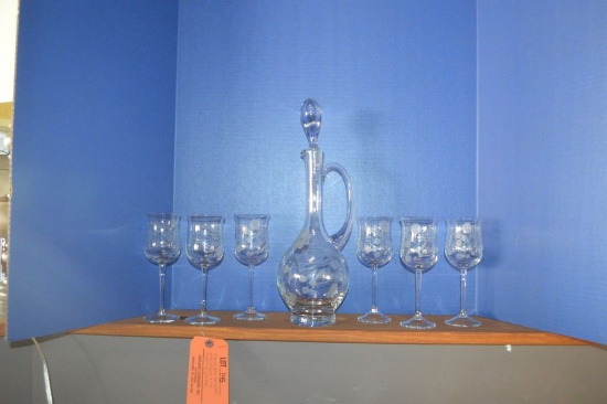 ETCHED GLASS DECANTER AND (6) MATCHING GLASSES