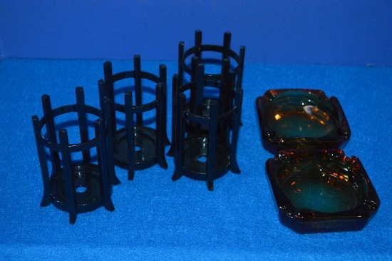 BOX OF ASHTRYS AND CANDLEHOLDERS