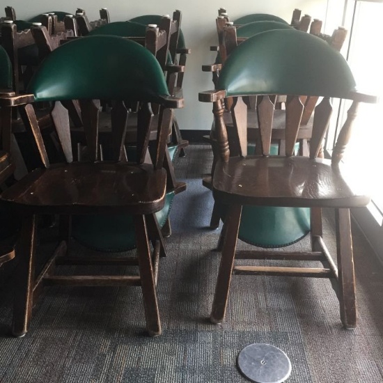 SET OF (6) RESTAURANT CHAIRS OAK, W/GREEN BACK