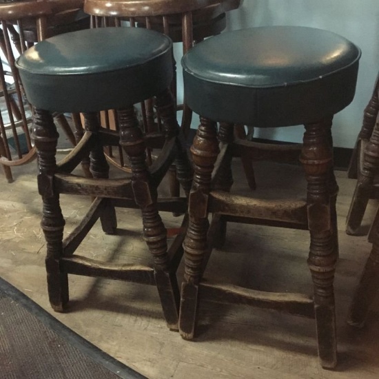 SET OF (6) BAR STOOLS, WOOD BASE WITH GREEN VINYL SEATS