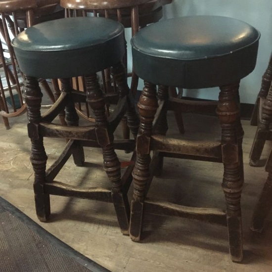 SET OF (6) BAR STOOLS, WOOD BASE WITH GREEN VINYL