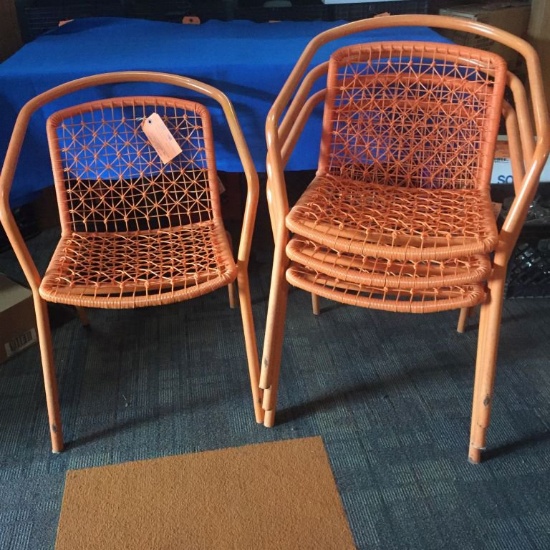 SET OF 4 ORANGE PATIO CHAIRS, METAL,