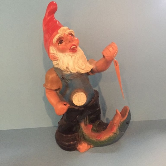 LARGE PLASTIC GNOME, FISHERMAN, MISSING POLE, 20"H