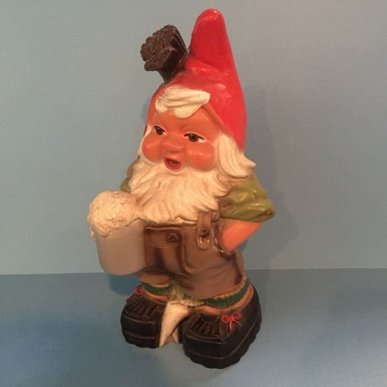 PLASTIC GNOME WITH BEER MUG, 13"H