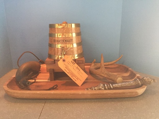 WOOD TRAY WITH MISC COGNAC BARREL, STAG HORN, ETC.