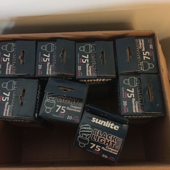 BOX OF 8 BLACK LIGHT LIGHT BULBS, BLUE, 75 WATT