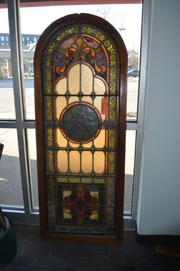 ARCHED STAINED GLASS WINDOW, 26 1/2"W X 69 1/4"H