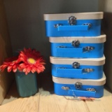 4 CARDBOARD LUNCHBOXES AND FLOWER JAR