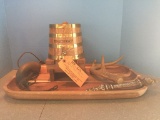 WOOD TRAY WITH MISC COGNAC BARREL, STAG HORN, ETC.