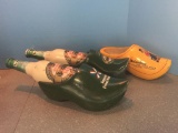 3 WOODEN SHOES, 2 WITH BOTTLES, HEINEKEN, AND