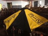 (2) BLACK AND YELLOW PATIO UMBRELLAS, 8' X 8'