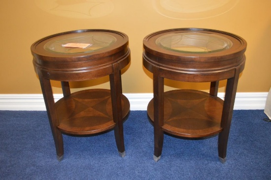 PAIR OF 20" DIAMETER END TABLES, DARK WOOD WITH