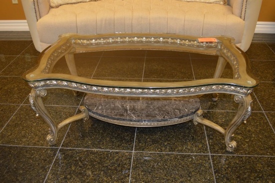 ORNATE GILT COFFEE TABLE WITH GLASS TOP, 50" x 32"
