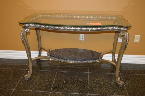 ORNATE GILT LIBRARY TABLE WITH GLASS TOP,