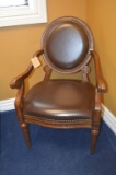 ACCENT CHAIR, WOOD FRAME WITH BROWN SEAT AND BACK,