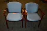 PAIR OF ARM CHAIRS, WOOD FRAMES, BLUE SEATS AND BACKS
