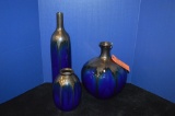 (3) BLUE AND SILVER ART GLASS PIECES