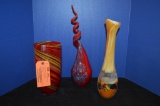 (3) RED, YELLOW AND BLUE ART GLASS PIECES