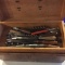 WOODEN TOOL BOX WITH ASSORTED TOOLS