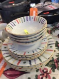 COLORFUL SERVICE FOR FOUR, PLATES, CUPS AND BOWLS,