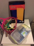 BIN AND SMALL BASKET OF ASSORTED OFFICE SUPPLIES